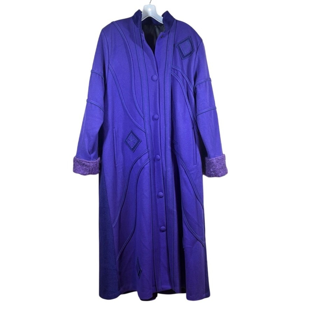 Vtg Coloratura Royal Purple Long Wool Coat Embroidered Art To Wear Statement